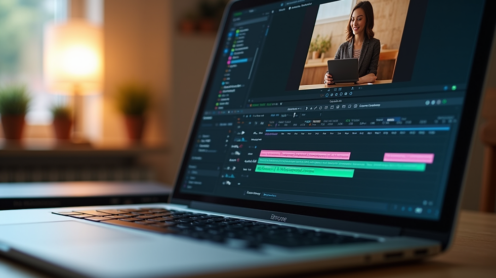 Close-up view of video editing software on a laptop screen
