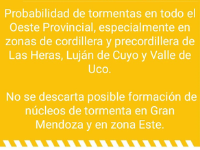 Dos alertas amarilla en Mendoza: una por tormentas y otra por temperaturas extremas