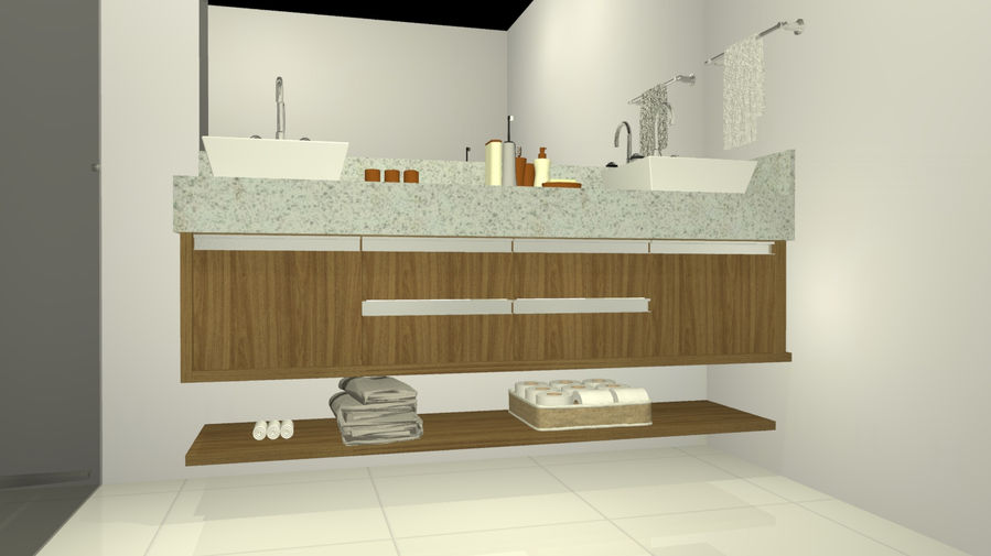 Banheiro moderno com armários de madeira, duas pias e itens decorativos. Banheiro de alto padrão. móveis planejados para banheiro, marcenaria sob medida, design contemporâneo.