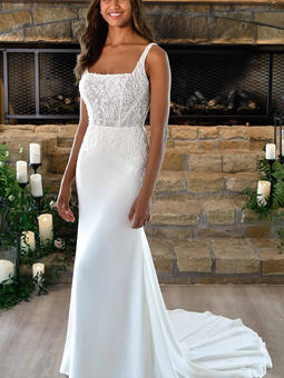 SQUARE NECKLINE WEDDING DRESS WITH BEADED BODICE AND SIMPLE SKIRT