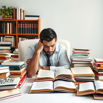 un hombre sentado con cara de preocupado, en una mesa blanca con muchos libros de un lado