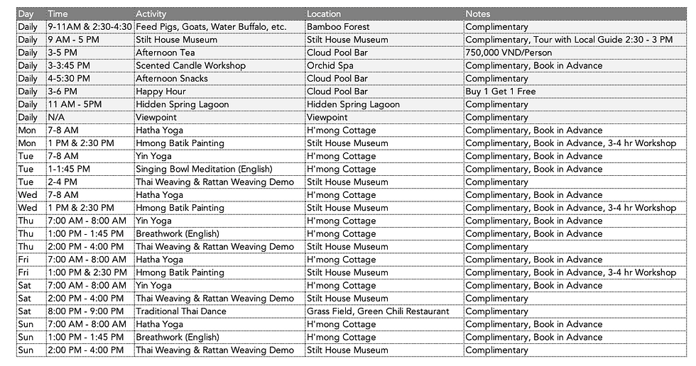 Avana Retreat chart of activities_Yes, we made a spreadsheet—because with this many options, how else do you prioritise between yoga, culture, and cocktail o’clock?