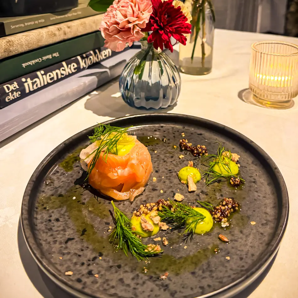 Beautifully plated salmon course at Emma’s Dream Kitchen, ranked among the best restaurants in Tromso.