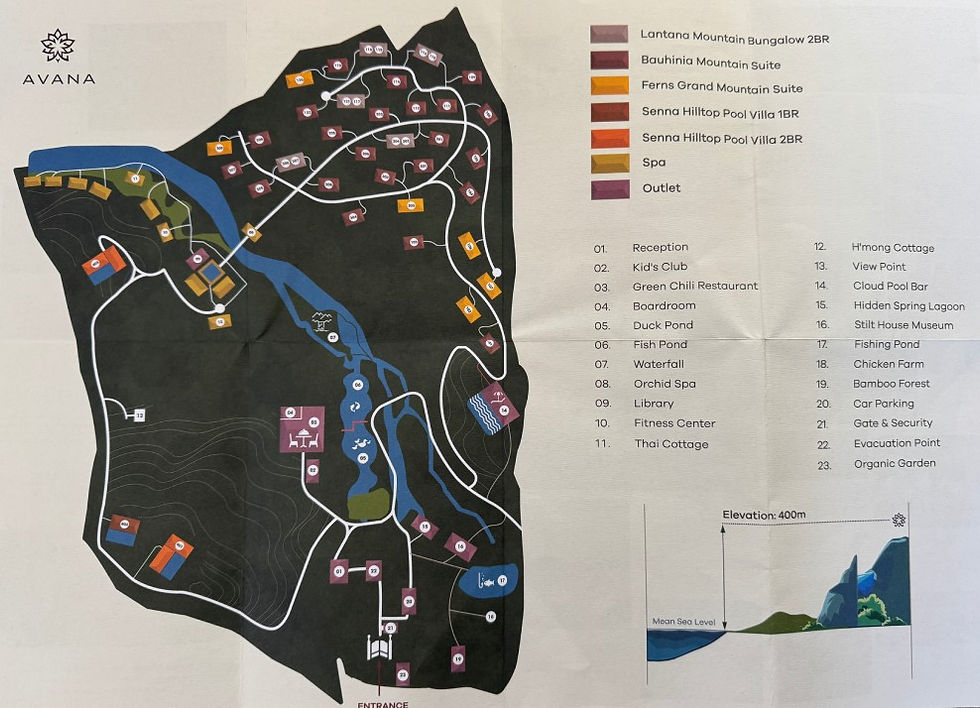 Avana’s sprawling grounds are big enough to get lost in—good thing they hand you this handy map (or you can just summon a buggy like the VIP you are).