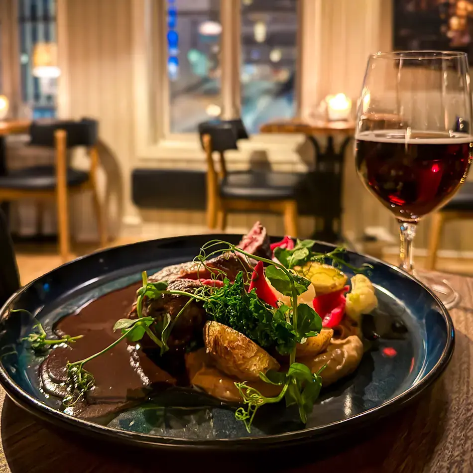 Reindeer dish at Bardus Bistro in Tromsø during dinner on our Tromso itinerary.