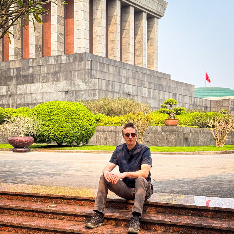 James on the steps of Uncle Ho’s Mausoleum—getting inside to see his tomb requires an early wake-up and leaving everything behind (seriously, security’s no joke). We passed this time!