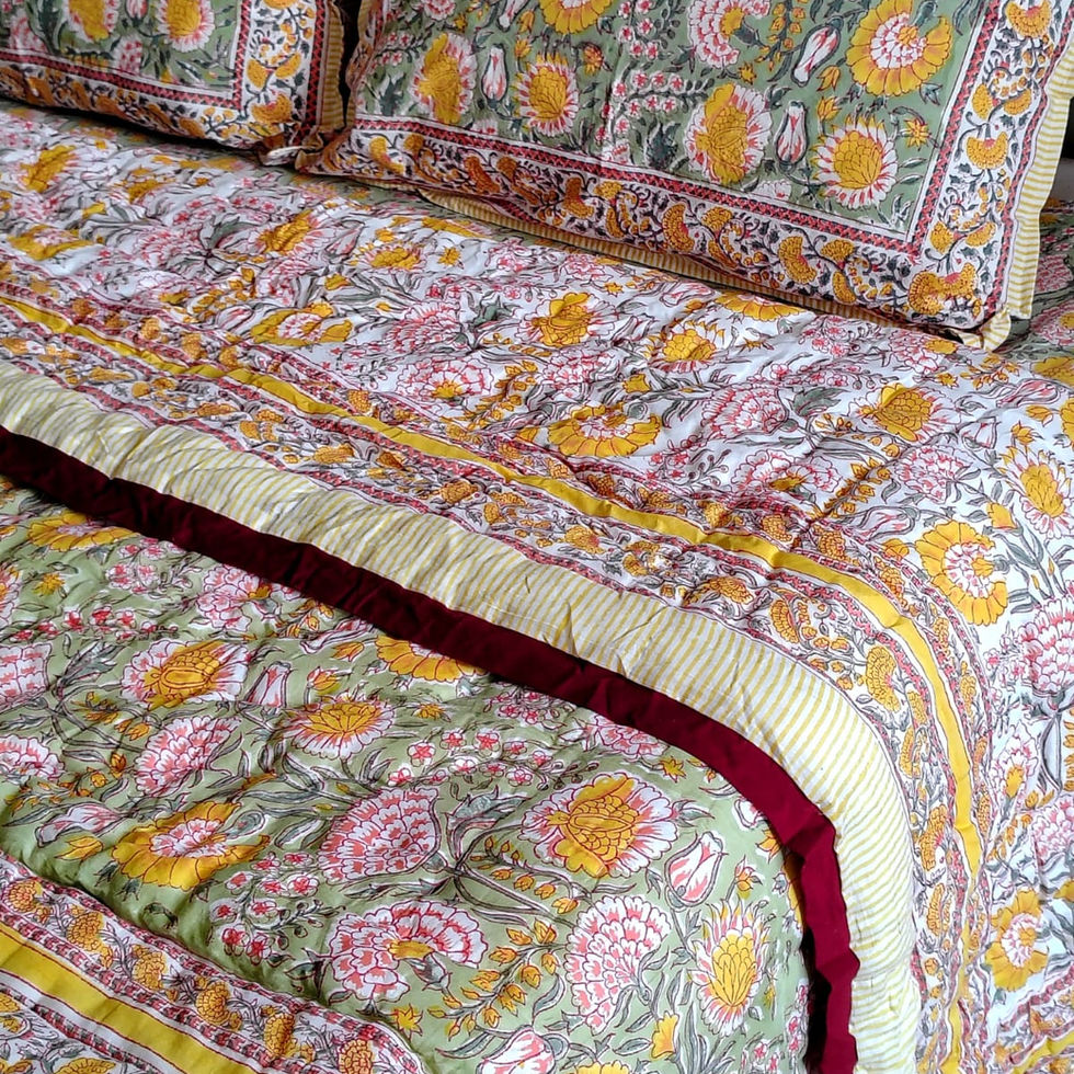 Hand block printed red cotton quilt for bed