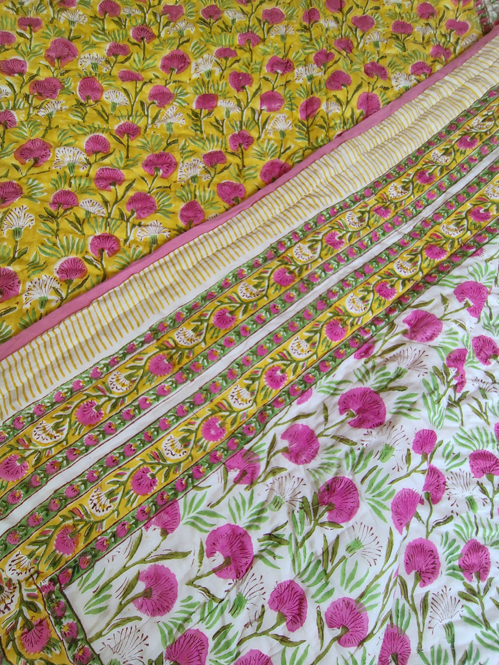 Hand block-printed reversible cotton quilt for single and double beds