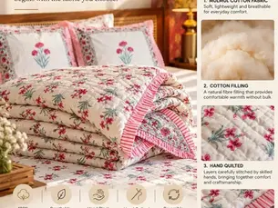 Hand block printed reversible cotton quilt by Bichhavans showing mulmul fabric and quilted layers