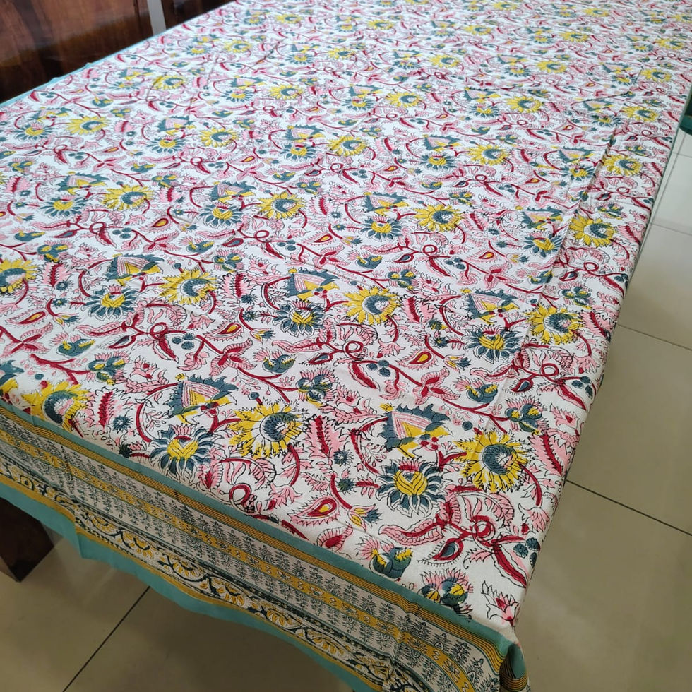 Hand block printed cotton table cover crafted by artisans. A timeless, breathable table linen designed for everyday dining an