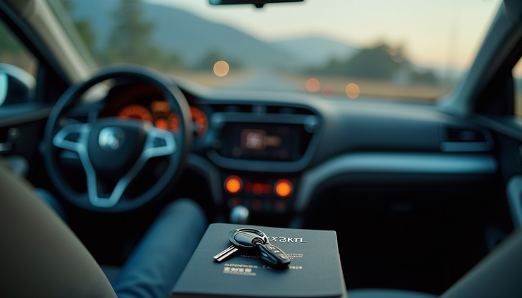 Eye-level view of a rental car with a passport and car keys on the dashboard