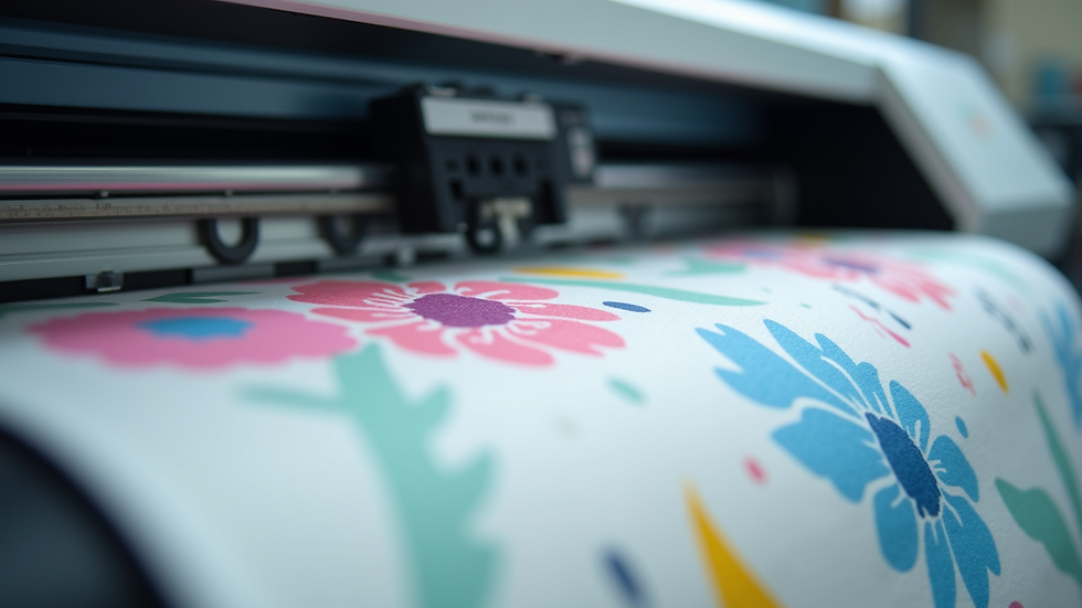 Close-up view of digital fabric printer applying colorful patterns on white cotton fabric