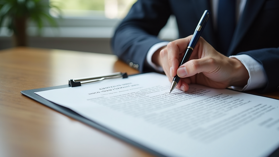 Close-up view of a contract being signed with a pen on a wooden table