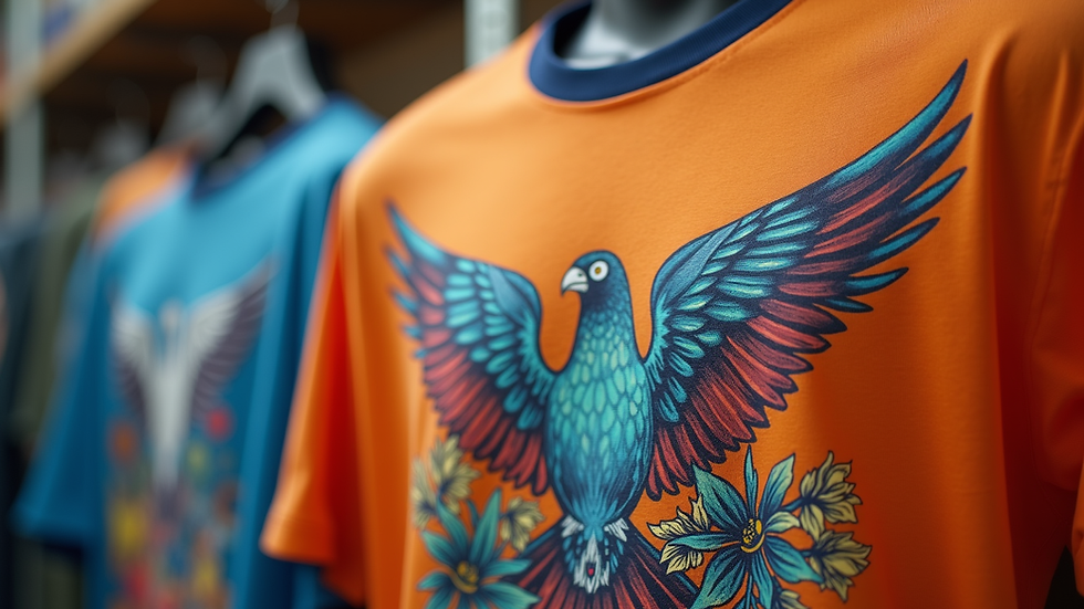 Close-up view of a colorful custom t-shirt with a bold graphic design