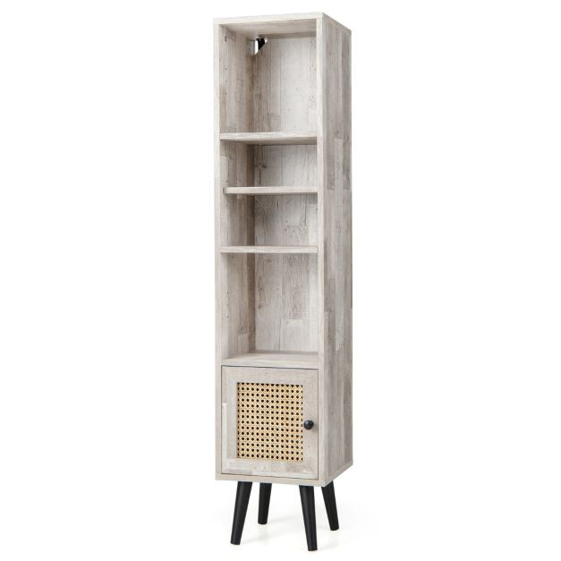 Thumbnail: Slim Wood Freestanding Cabinet with Rattan Door and Solid Wood Legs