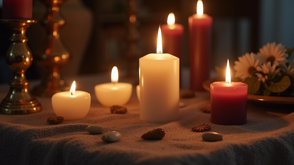 Close-up view of a candlelit altar with symbolic items for divorce spells
