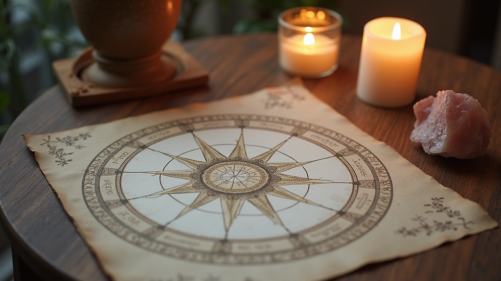 Eye-level view of a serene astrology chart spread on a wooden table with candles and crystals