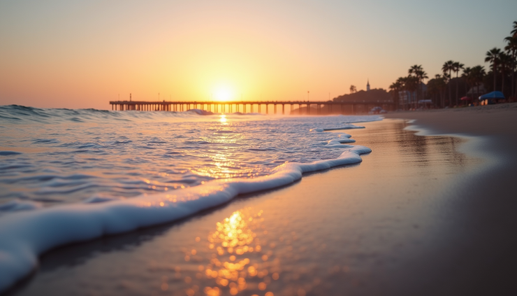Eye-level view of a quiet SoCal beach with gentle waves and a distant pier