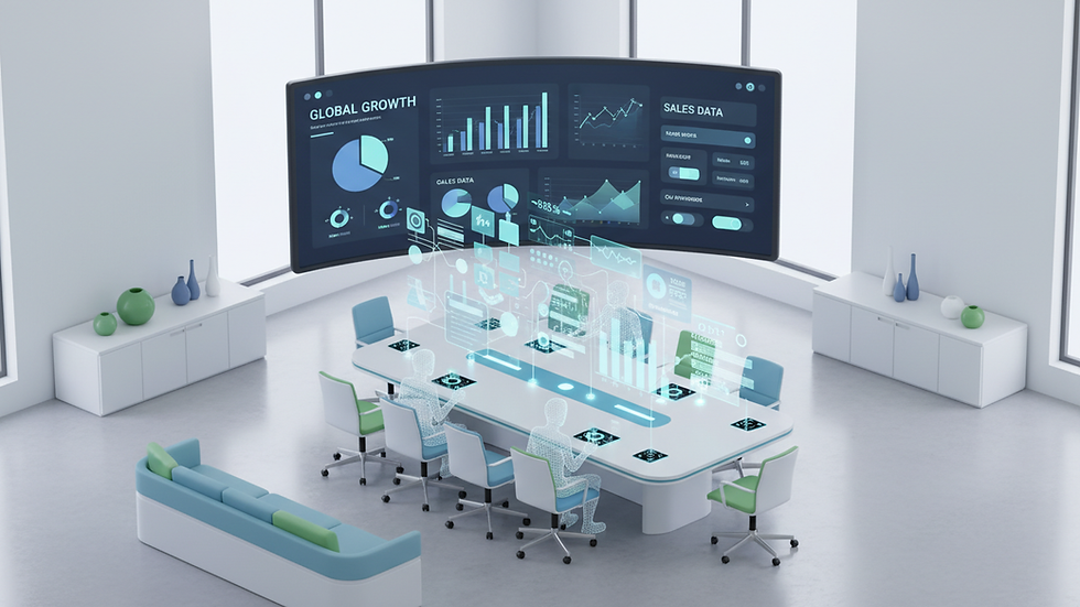 high angle view of a conference room with a presentation screen showing sales data