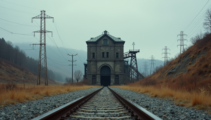 Eye-level view of a historic coal mine surface building with industrial power lines