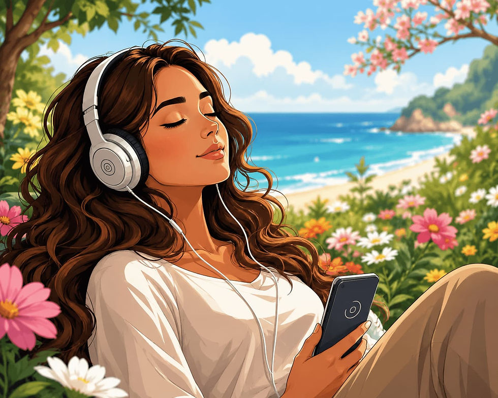 A lady listening to hypnosis recordings repeatedly to help her create lasting change with beach in the background