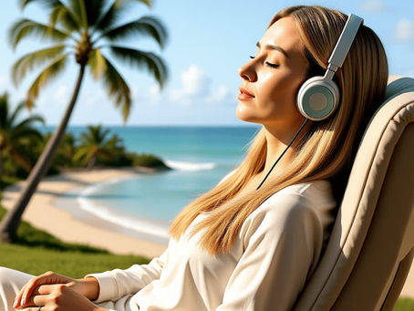 lady with long blonde hair having self hypnosis by the beach with headphones on for what is self-hypnosis