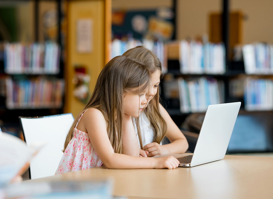 Girls in library on laptop with logo lar