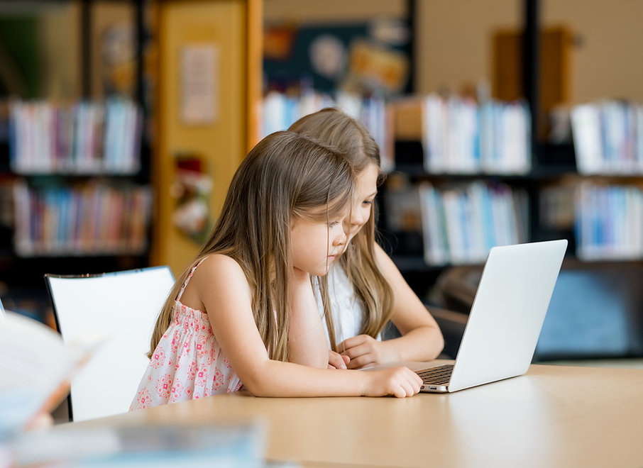 Girls in library on laptop with logo lar