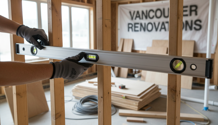 Close-up of a carpenter checking wall studs with a level