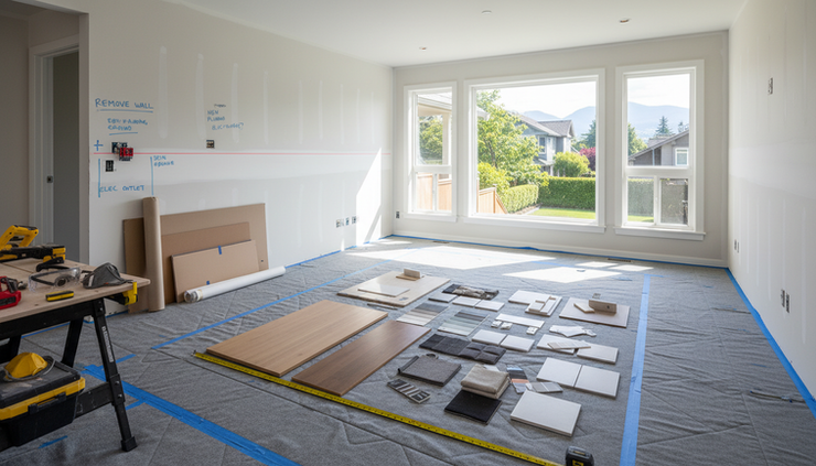 Wide-angle view of a Vancouver home interior prepared for renovation