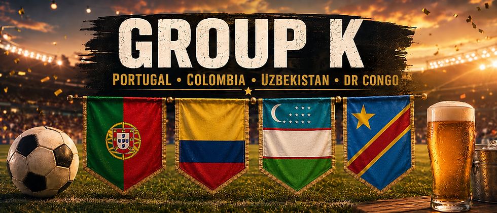 World Cup 2026 Group K graphic with the flags of Portugal, DR Congo, Uzbekistan and Colombia beside a football and beer