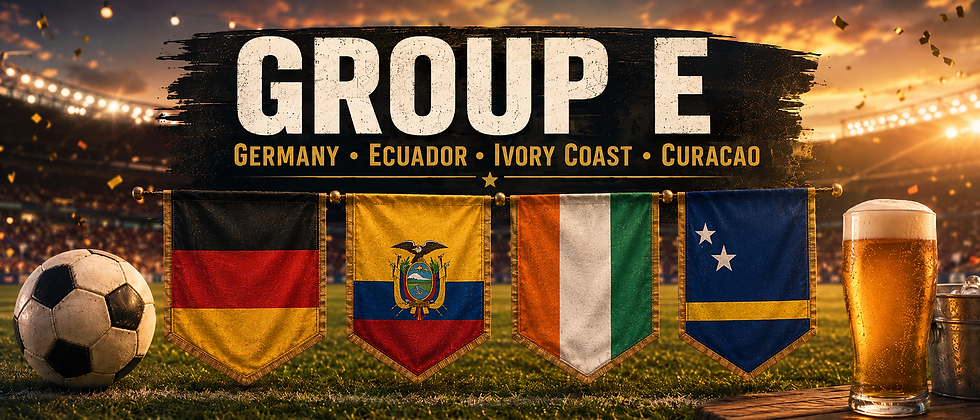 World Cup 2026 Group E graphic with the flags of Germany, Curaçao, Côte d’Ivoire and Ecuador beside a football and beer
