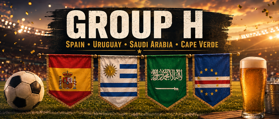 World Cup 2026 Group H graphic with the flags of Spain, Uruguay, Saudi Arabia and Cape Verde beside a football and beer