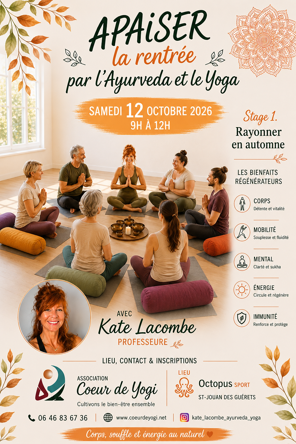 Reprise des Stages Ateliers AYURVEDA ET YOGA les samedis St Jouan des Guerets Octopus à partir du 12 octobre 2026 06 46 83 67 36 kate wwww.coeurdeyogi.net/ Instagram kate_lacombe_ayurveda_yoga