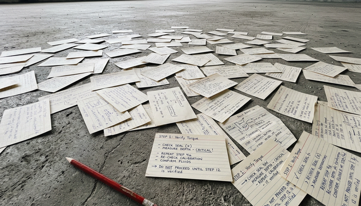 Wide-angle view of scattered instruction cards on a concrete floor