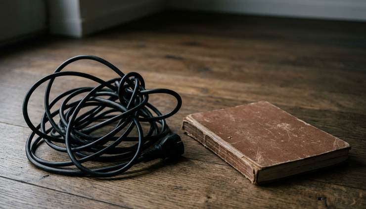 Eye-level view of a tangled power cord beside a closed notebook