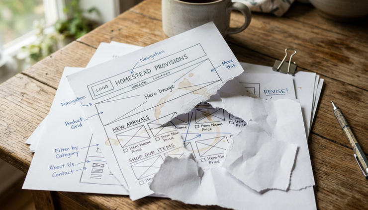 Close-up view of torn paper layered over a printed website sketch