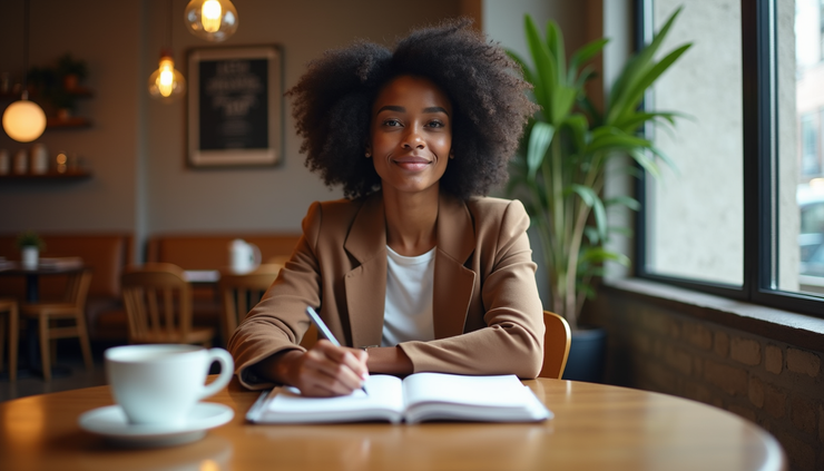 Eye-level view of a confident Black woman sitting at a cozy café table with a notebook and coffee, ready to take action
