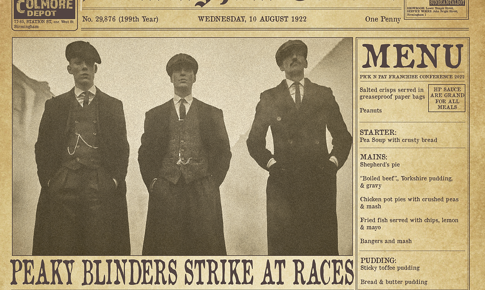 Peaky Blinders Themed Gala dinner menu