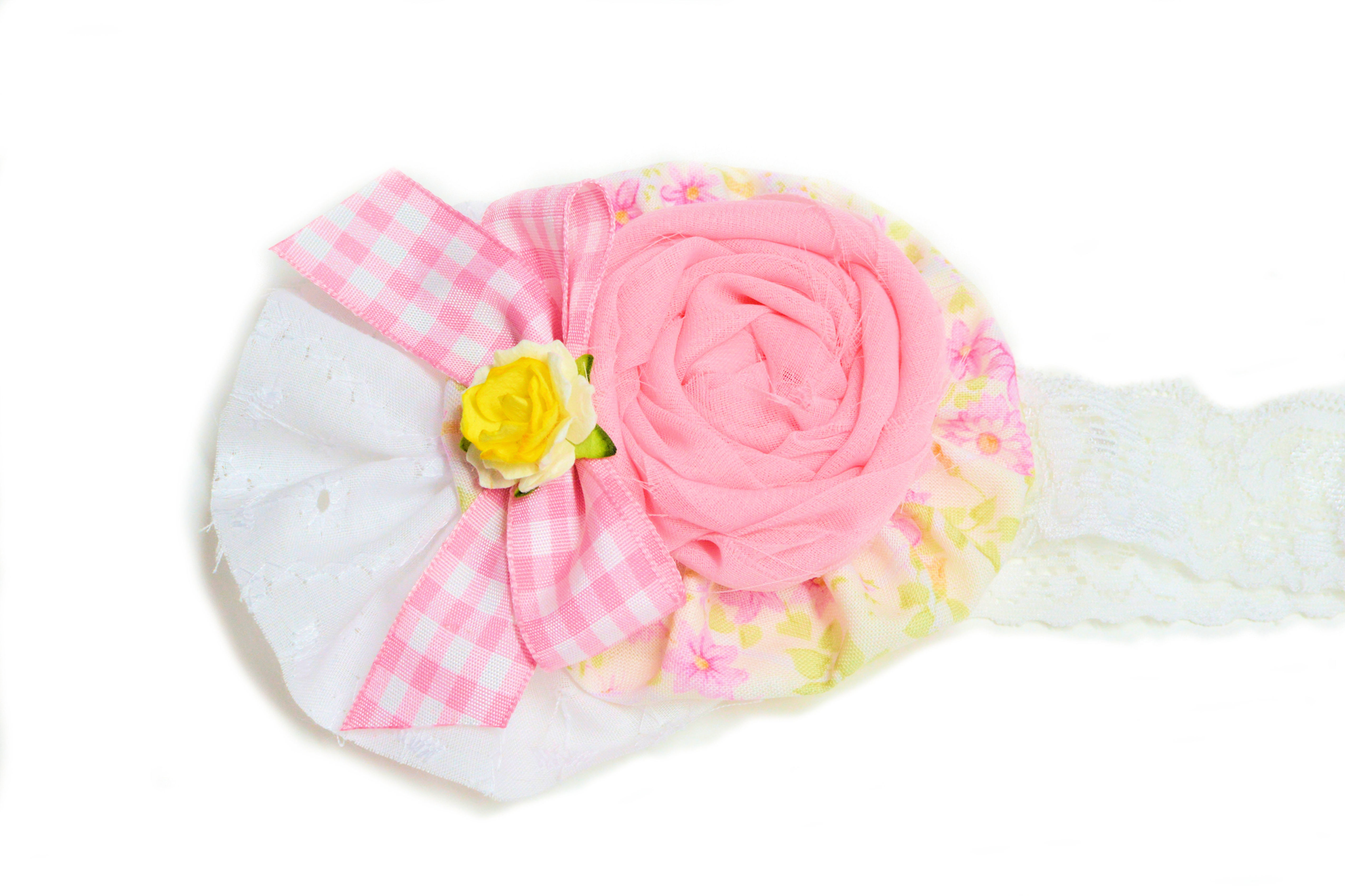 Pink and White Gingham Flower Headband - Ready to Ship - rts1