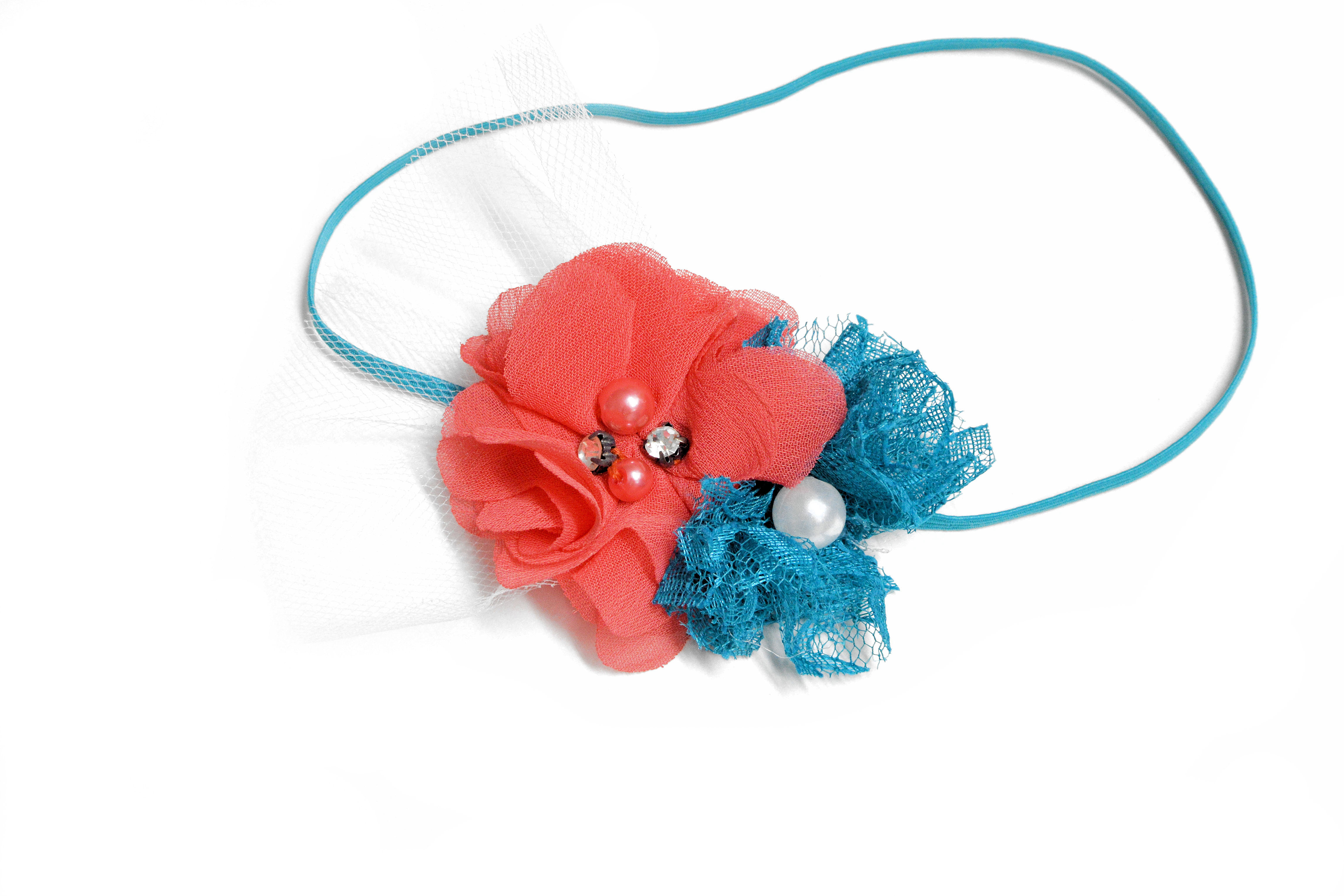 Coral and Teal Skinny Flower Headband - Ready to Ship - rts1
