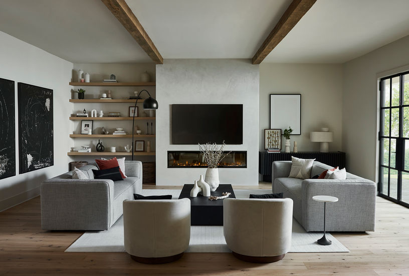 Modern luxury living room custom wood floating shelves custom furnishings 