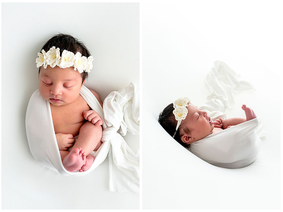 Photographe nouveau-né Nantes, Photographe bébé Nantes, Photographe naissance Nantes, Photographe studio Nantes, bébé endormi, couché sur le dos, univers blanc, couronne de fleurs