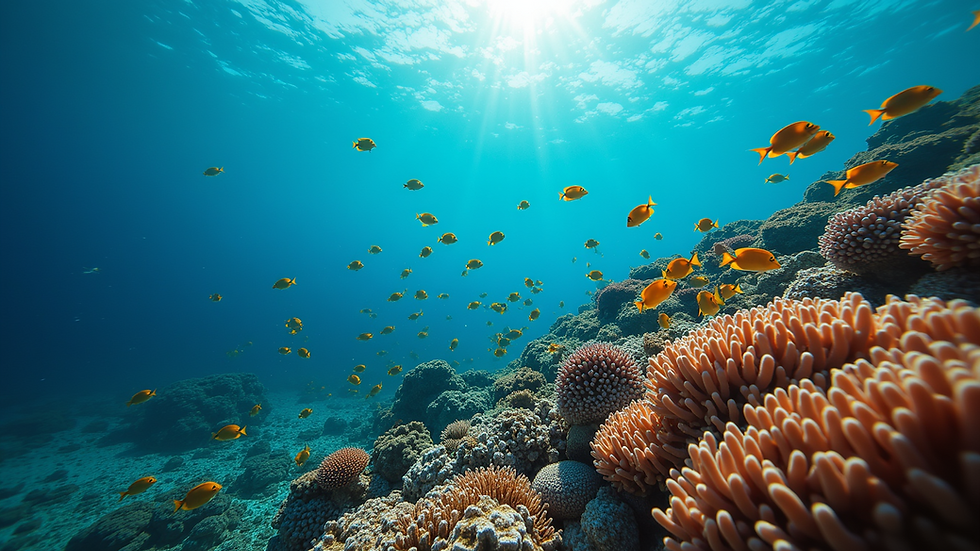 High angle view of a coral reef teeming with colorful fish in Bermuda