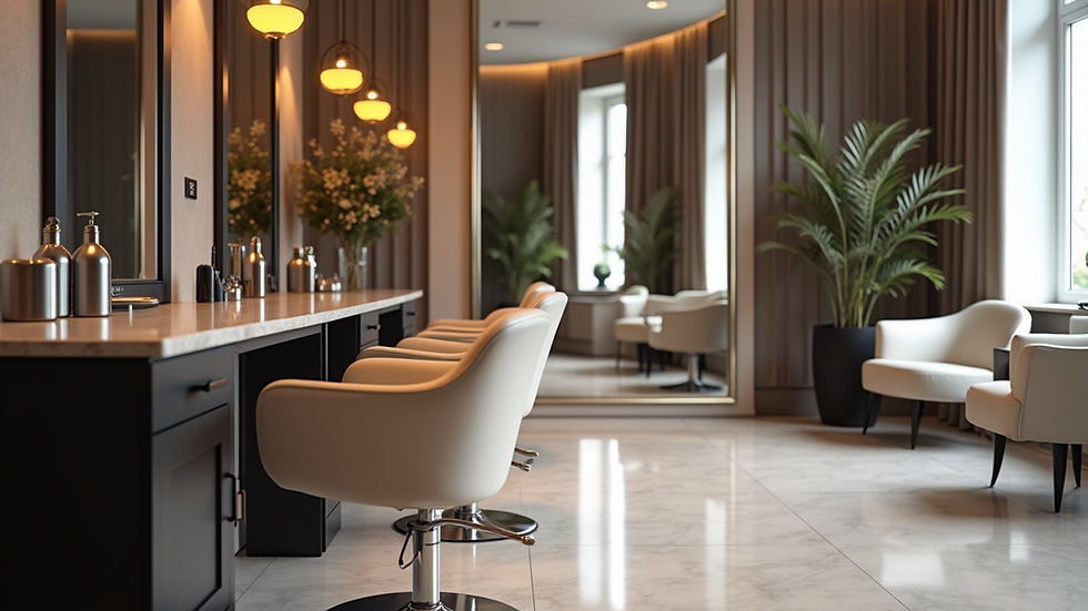 Eye-level view of a modern luxury salon interior with elegant styling chairs