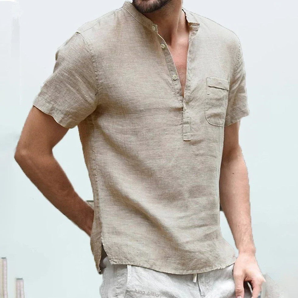 Miniatura: Casual Men's Linen Shirt – Short Sleeve 3-Button V-Neck Top with Pocket for Ever