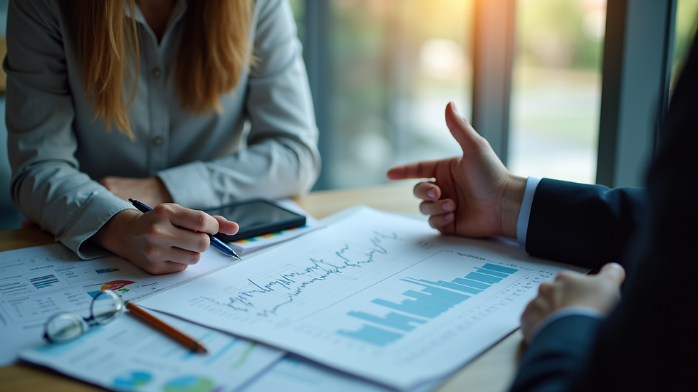 Eye-level view of a financial advisor discussing investment charts with a client