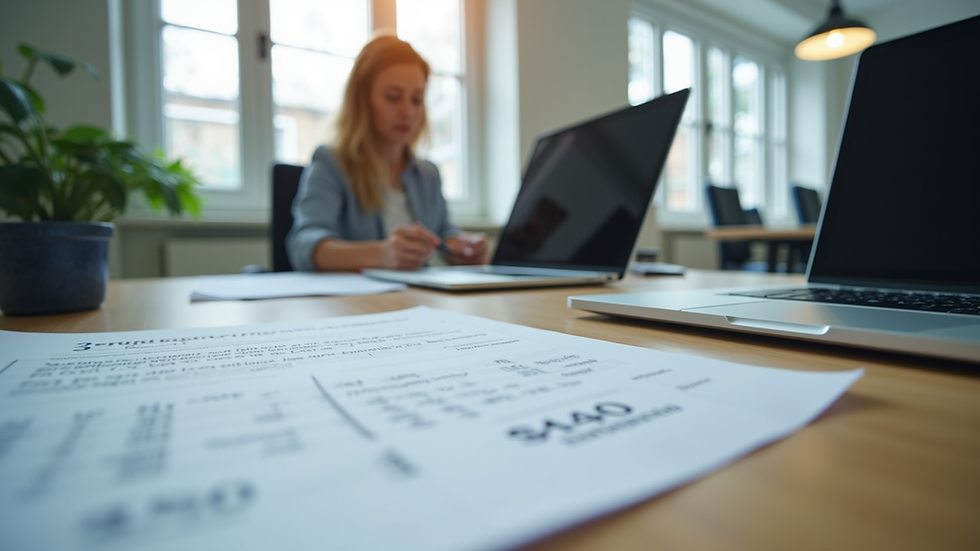 Eye-level view of a modern office desk with recruitment documents and a laptop
