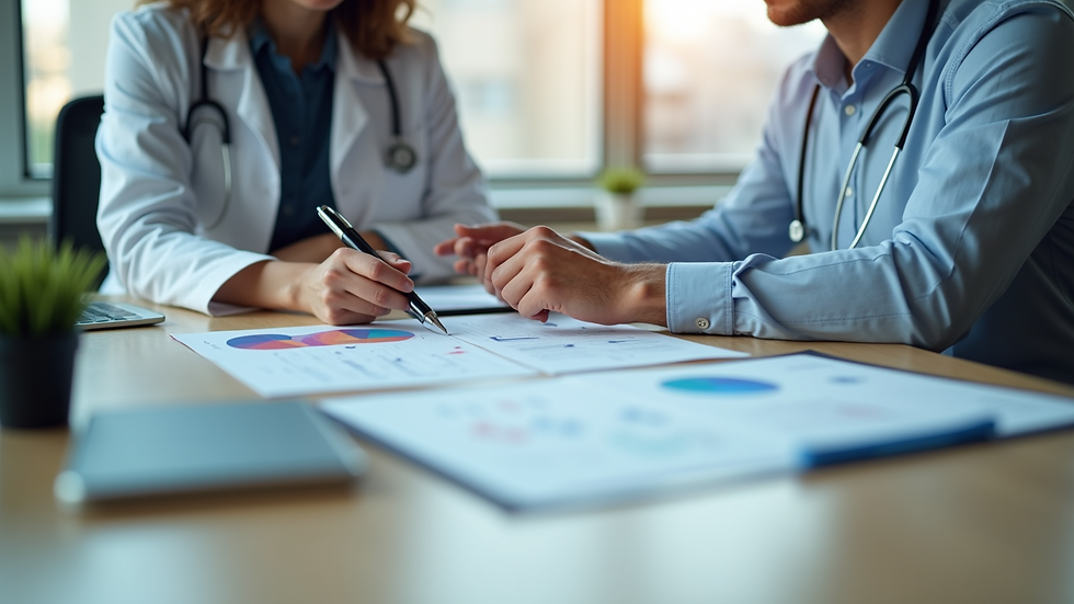Close-up view of a healthcare advisor reviewing documents in an office setting