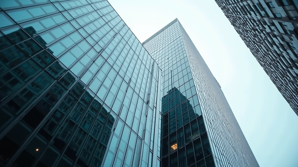 Eye-level view of a modern office building representing corporate financial services